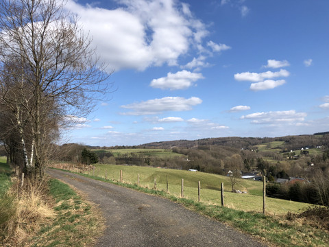 Aussicht vom Wanderweg  Landschaft mit Feldweg, Weiden, vereinzelten Häusern und Bäumen unter blauem Himmel mit Wolken.