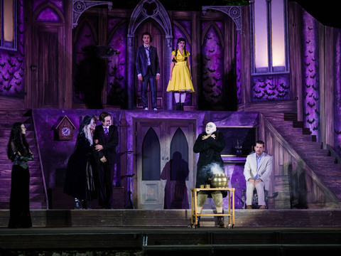 The_Addams_Family_Foto-Dirk-Rückschloss.jpg Theateraufführung der Addams Family mit lebhaften Kostümen auf geteilter Bühne in mystischer Szenerie.