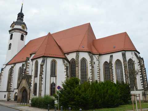 St. Marien Torgau town church Stadskerk St Marien Torgau met zijn opvallende toren en rode daken, omringd door struiken.