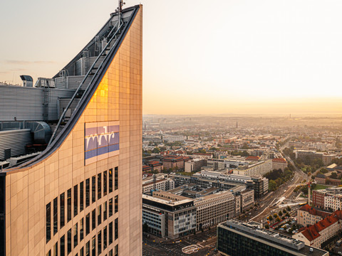 City skyscraper with viewing platform - Sights in Leipzig The City Tower and the Leipzig skyline at sunset, Viewpoints in Leipzig, Culinary delights, Gastronomy, Leisure, Sights in Leipzig