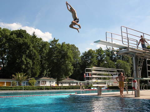 3-Meter Turm im Freibad Berggießhübel Ein Mann springt von einem hohen Sprungbrett in ein Freibad; blauer Himmel und grüne Bäume im Hintergrund.