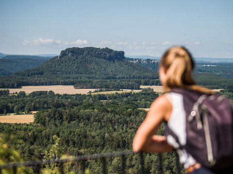 Brandaussicht Eine Frau mit Rucksack blickt auf eine grüne, hügelige Landschaft mit einem markanten Felsen im Hintergrund unter klarem Himmel.