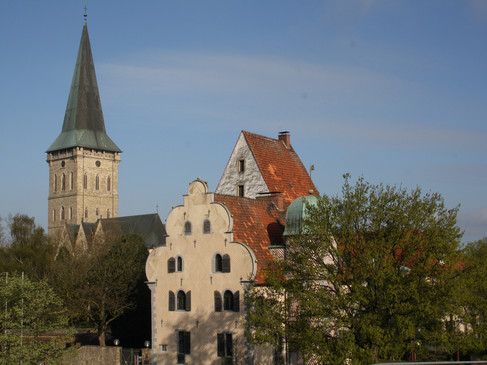 Ledenhof Palais in Osnabrück mit eindrucksvoller Fassade, umgeben von grünen Bäumen und historischem Turm.