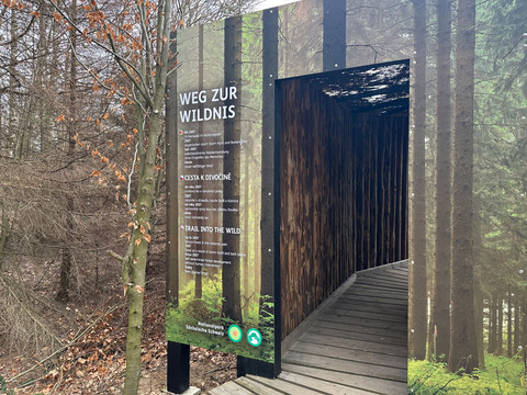 Holzsteg führt durch einen überdachten Weg im Wald, mit einem Schild "Weg zur Wildnis" in mehreren Sprachen, umgeben von kahlen Bäumen.Wooden walkway leads through a covered path in the forest, with a sign "Path to the wilderness" in several languages, surrounded by bare trees.Dřevěný chodník vede krytou cestou v lese s nápisem "Cesta do divočiny" v několika jazycích, obklopený holými stromy.Drewniany chodnik prowadzi przez zadaszoną ścieżkę w lesie, z napisem "Path to the wilderness" w kilku językach, otoczoną nagimi drzewami.Een houten wandelpad leidt door een overdekt pad in het bos, met een bord "Pad naar de wildernis" in verschillende talen, omringd door kale bomen.Una passerella di legno conduce attraverso un sentiero coperto nella foresta, con un cartello "Path to the wilderness" in diverse lingue, circondato da alberi spogli.