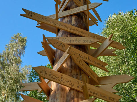 Walderlebniszentrum Leupoldishain Holzpfosten mit zahlreichen Wegweisern in verschiedene Richtungen, umgeben von Bäumen unter klarem, blauem Himmel.Wooden posts with numerous signposts pointing in different directions, surrounded by trees under a clear blue sky.Dřevěné sloupky s mnoha směrovkami ukazujícími do různých směrů, obklopené stromy pod jasně modrou oblohou.Drewniane słupy z licznymi drogowskazami wskazującymi różne kierunki, otoczone drzewami pod czystym, błękitnym niebem.Houten palen met talloze wegwijzers die in verschillende richtingen wijzen, omringd door bomen onder een strakblauwe hemel.Pali di legno con numerosi cartelli che indicano diverse direzioni, circondati da alberi sotto un cielo azzurro e limpido.