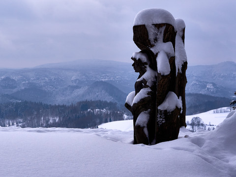 Schneebedeckte Holzskulptur vor einer winterlichen Berglandschaft mit bewaldeten Hügeln und wolkenverhangenem Himmel.