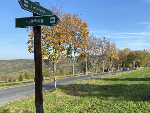 Cesta na Cotta Spitzberg Směrovka před podzimními stromy ukazuje na "Lohngrund" a "Spitzberg" na polní cestě pod jasnou modrou oblohou.