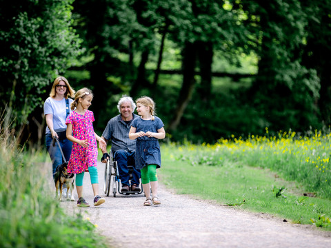 Bergischer Komfortspazierweg Altenberg  <p>Eine Familie mit Hund spaziert im Grünen; ein Mann im Rollstuhl ist dabei. Kinder wirken fröhlich.</p>