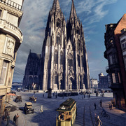 TimeRide virtual representation of Cologne Cathedral Ein historischer Straßenzug mit alten Autos und Straßenbahn vor dem majestätischen Kölner Dom.A historic street with old cars and streetcars in front of the majestic Cologne Cathedral.