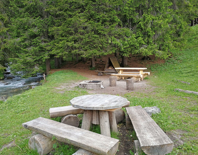 Fireplace at the Senggibach on a green meadow at the edge of the forest