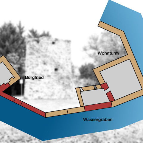 Burgruine Herrenbröl Grundriss einer historischen Burganlage mit markiertem Burgturm, Wassergraben und angrenzendem Wehrgang.