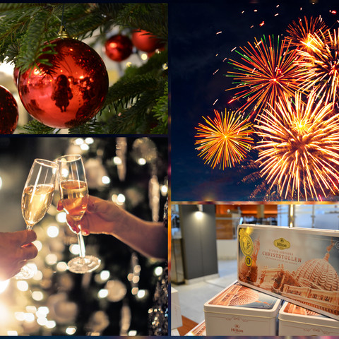 Hilton Dresden Kollage mit Christbaumkugel, Sektgläsern, Feuerwerk und Dresdner ChriststollenCollage with Christmas tree bauble, champagne glasses, fireworks and Dresden Christmas stollen