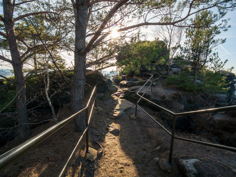 Weg zur Westecke des Liliensteins kurz nach dem Südaufstieg Ein schmaler Wanderweg mit Geländer führt durch einen Wald, Sonnenlicht scheint durch die Bäume und erzeugt eine friedliche Atmosphäre.