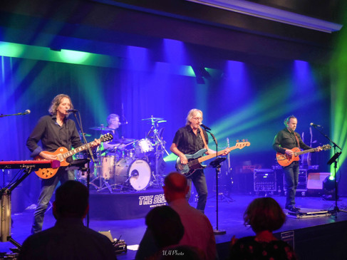 Een vierkoppige band speelt op een levendig verlicht podium voor een enthousiast publiek.