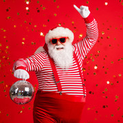 Photo of retired old man grey beard hold vintage disco ball dance funky wear santa x-mas costume suspenders sunglass gloves striped shirt cap isolated red color background