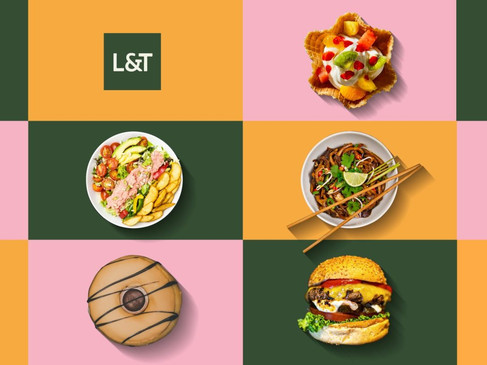 Neun abwechslungsreiche und köstliche Gerichte, kunstvoll auf farbigen Quadraten präsentiert.