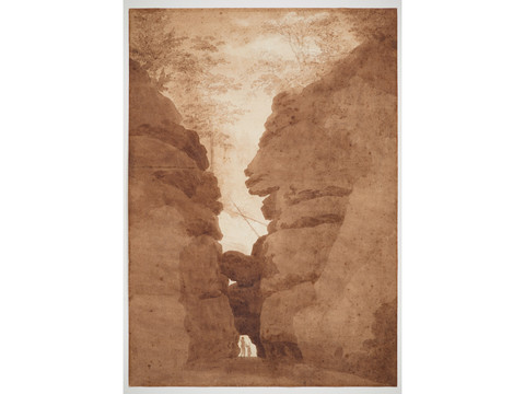 Caspar David Friedrich: Das Felsentor im Uttewalder Grund, 1800 Zwei Menschen stehen in einer schmalen Felsenschlucht, umgeben von hohen, braunen Felswänden und spärlichem Pflanzenwuchs oben.