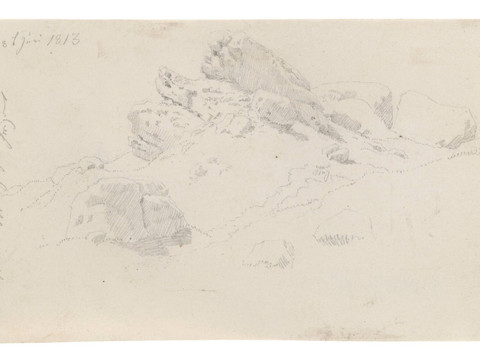 Caspar David Friedrich: Felsige Kuppe, dat. 3.6.1813 Bleistiftzeichnung von Felsen in einer hügeligen Landschaft, datiert auf den 3. Juni 1813, mit feinen Schraffuren und skizzenhaften Linien.