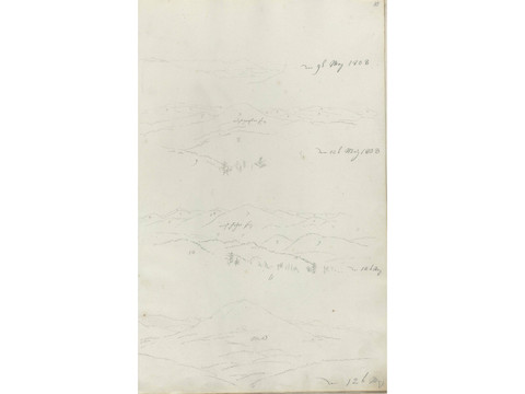 Caspar David Friedrich: Landschaftsstudien (9.-12.-Mai 1808) Skizze von Landschaft mit Hügeln und Bäumen, datiert auf den 9. und 12. Mai 1808, in Bleistift auf hellem Papier.