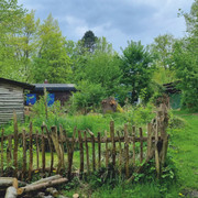 Abenteuerspielplatz Buntspecht Mehrere Holzhütten auf dem Außengelände des Abenteuerspielplatzes Buntspecht, umgeben von Bäumen und Spielflächen