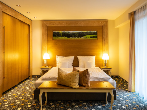 Landhotel Napoleon <p>Gemütliches Hotelzimmer mit Doppelbett, Bild über dem Bett, warm beleuchtet, Blick auf Terrasse.</p>