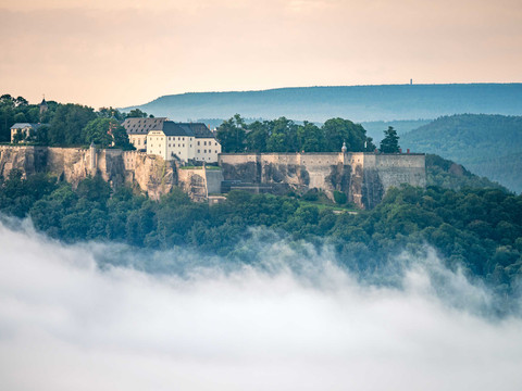 Pevnost Königstein Die historische Festung Königstein thront auf einem bewaldeten Hügel, umgeben von Nebel, unter einem sanft bewölkten Himmel.