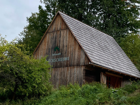 Blockscheune Waldhusche Holzscheune mit steilem Dach, umgeben von grünen Bäumen und Gras, mit der Aufschrift "Infopunkt" und "BLOCKSCHEUNE" auf der Fassade.