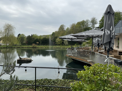 Außenansicht Teich Terrasse am ruhigen Seeufer mit Sonnenschirmen, üppigem Grün und einem idyllischen, klaren Wasserspiegel.