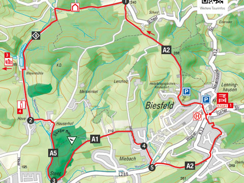 Wegbeschreibung Domblick, Mühle und Dorfidylle.jpg Wanderkarte für den Biesfeld-Kolpingweg: zeigt Routen, Landschaften und touristische Points-of-Interest.
