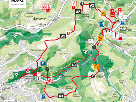 Wegbeschreibung Mühlen, Burg und Musik am fleißigen Bach.jpg Wanderkarte von Bergisch Gladbach mit Routen und Sehenswürdigkeiten, umgeben von Grünflächen.