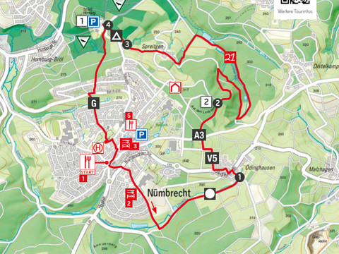 Wegbeschreibung Klangpfad, Schloss und Pfannkuchen.jpg Karte von Nümbrecht mit Wanderroute, Startpunkt, Einkehrmöglichkeiten und Sehenswürdigkeiten.