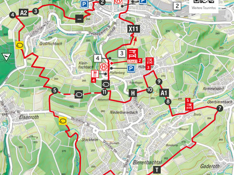 Wegbeschreibung Wildpark, Tropfsteinhöhle und Kaffeetafel.jpg Wanderkarte zeigt eine Rundtour um Wiehl in Nordrhein-Westfalen mit markierten Wegetappen und Icons.