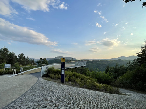 Skywalk Ostrau Eine moderne Fußgängerbrücke aus Metall erstreckt sich über einen bewaldeten Abgrund, umgeben von grünen Bäumen und einem klaren, blauen Himmel.