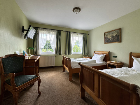 Haus Thal - Zimmer 1 Ein gemütliches Hotelzimmer mit zwei Einzelbetten, grüner Sessel, Fernseher und Naturausblick.