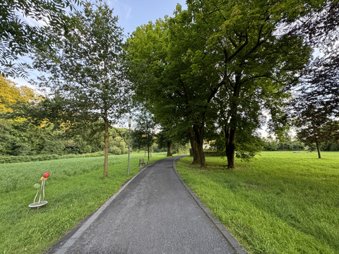 Gut Eichtal Ein geschwungener Weg führt durch eine grüne Wiese, flankiert von hohen Laubbäumen.