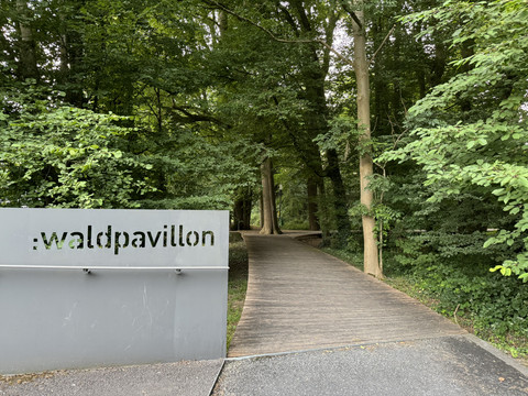 Gut Eichtal Ein Holzsteg führt durch einen grünen Wald zum modernen Waldpavillon mit einem Schild im Vordergrund.