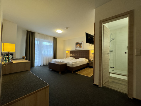 Hotel-Restaurant Zum Holländer - Ansicht Doppelzimmer Gemütliches Hotelzimmer mit Doppelbett, Schreibtisch, TV und eigenem Bad. Moderne Einrichtung in warmen Tönen.