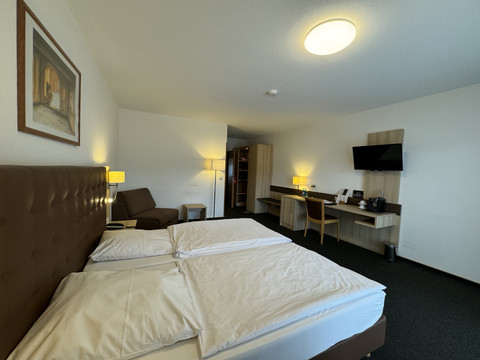 Hotel-Restaurant Zum Holländer - Ansicht Doppelzimmer 2  Hotelzimmer mit Doppelbett, Sofa, Arbeitsbereich, Flachbildfernseher und moderner Beleuchtung.