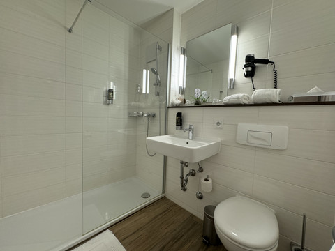Hotel-Restaurant Zum Holländer - Ansicht Doppelzimmer 2 - Badezimmer Das Bild zeigt ein modernes, barrierefreies Badezimmer mit begehbarer Dusche, Waschbecken und Toilette.