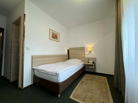 Hotel-Restaurant Zum Holländer - Ansicht Einzelzimmer Ein gemütliches Einzelzimmer mit Holzbett, Nachttisch und einem Fenster mit Vorhängen.