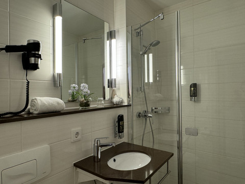 Hotel-Restaurant Zum Holländer - Ansicht Einzelzimmer - Badezimmer Eine moderne, helle Badezimmeransicht mit Dusche, Waschbecken und beleuchtetem Spiegel.
