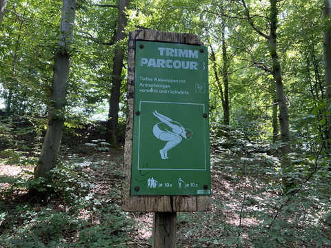 Trimm-Dich-Pfad <p>Schild im Wald für einen Trimm-Parcours, umgeben von grünen Bäumen mit einfacher Anleitung.</p>