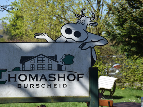Thomashof Burscheid  Thomashof-Schild mit freundlicher Kühenfigur im sonnigen Garten von Burscheid.