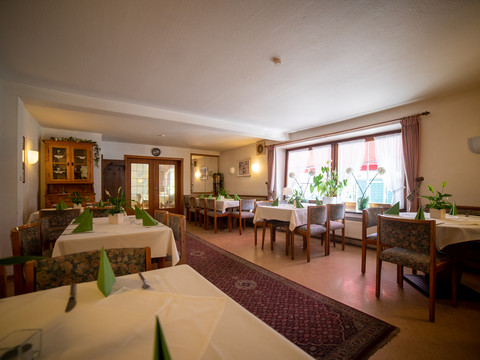Innenansicht Gemütliches Restaurant mit gedeckten Tischen, Pflanzen am Fenster und warmem, einladendem Ambiente.