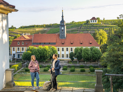 Blick von der Heinrichsburg auf Park und Schloss Seußlitz