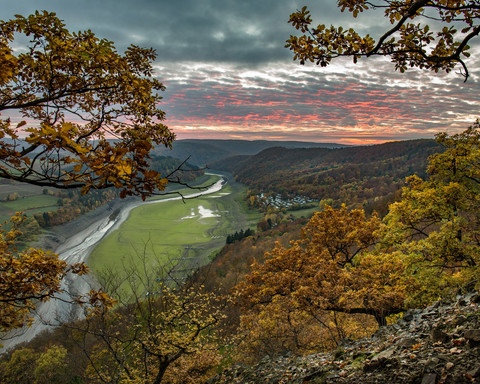 Herbstlicher Sonnenuntergang von einem knorrigen Eichenhang