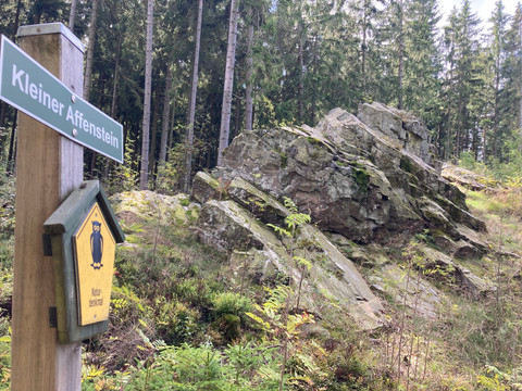 kleiner Affenstein, erster Felsen mit Infotafel am Felsenweg 1