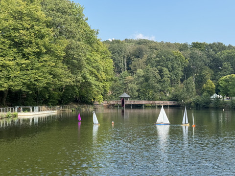 Café-Restaurant Uelfetal - Ansicht Uelfebad Idyllischer See mit kleinen Segelbooten, umgeben von dichtem grünen Wald und kleinem Steg.