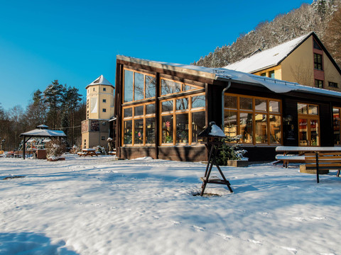Ein modernes Gebäude mit großen Fenstern steht in einer verschneiten Landschaft, daneben ein Turm und Bäume unter klarem, blauem Himmel.