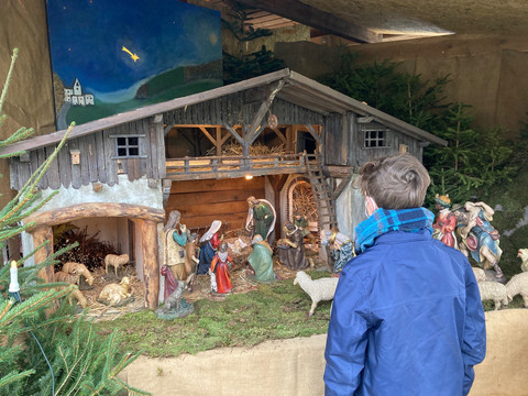 Außenkrippe Museum Ein Junge betrachtet eine Weihnachtskrippe mit detaillierten Figuren, umgeben von Tannenzweigen.